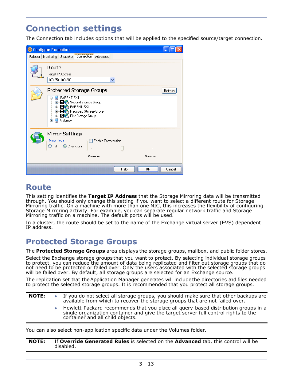 Connection settings, Route, Protected storage groups | Connection settings -13, Route -13, Protected storage groups -13 | HP Storage Mirroring V4.5 Software User Manual | Page 35 / 163