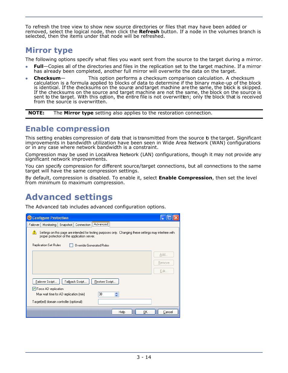 Mirror type, Enable compression, Advanced settings | Mirror type -14, Enable compression -14, Advanced settings -14 | HP Storage Mirroring V4.5 Software User Manual | Page 36 / 163