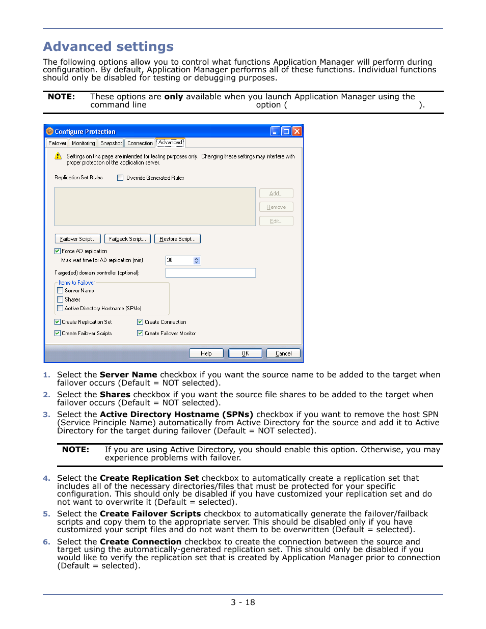 Advanced settings, Advanced settings -18 | HP Storage Mirroring V4.5 Software User Manual | Page 40 / 163