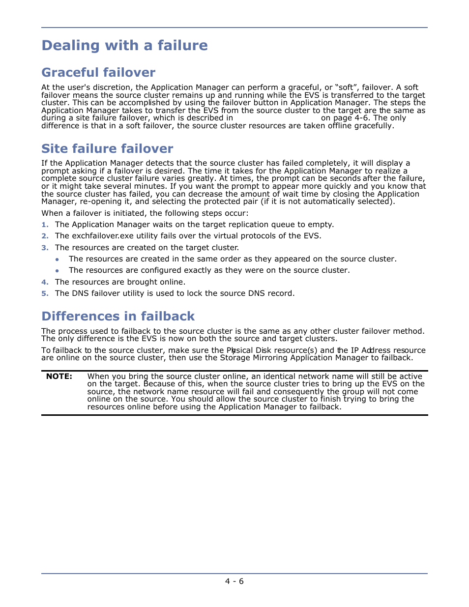 Dealing with a failure, Graceful failover, Site failure failover | Differences in failback, Dealing with a failure -6, Graceful failover -6, Site failure failover -6, Differences in failback -6 | HP Storage Mirroring V4.5 Software User Manual | Page 47 / 163