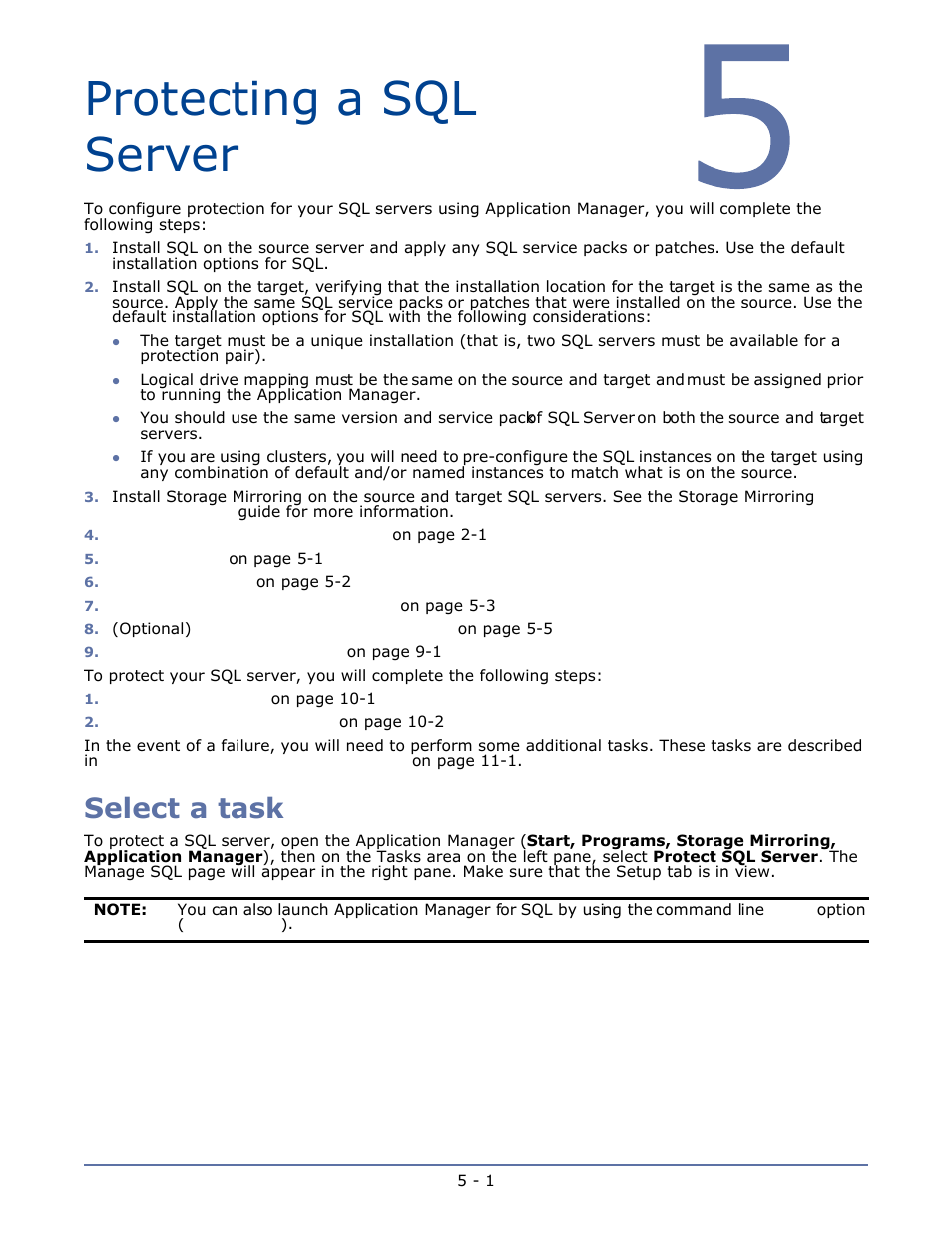 Protecting a sql server, Select a task, Chapter 5 protecting a sql server -1 | Select a task -1 | HP Storage Mirroring V4.5 Software User Manual | Page 48 / 163