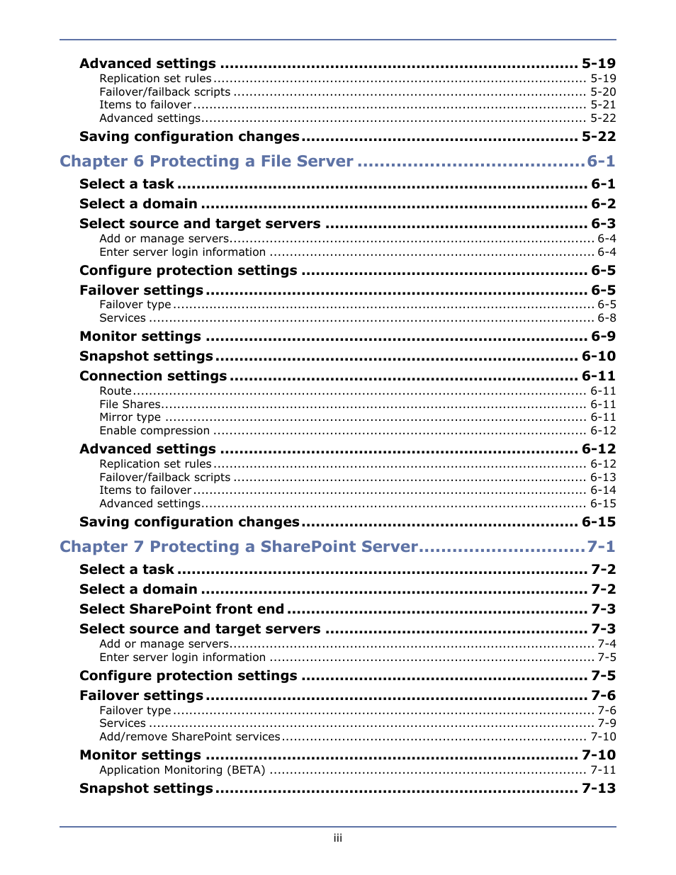 Chapter 6 protecting a file server -1, Chapter 7 protecting a sharepoint server -1 | HP Storage Mirroring V4.5 Software User Manual | Page 5 / 163