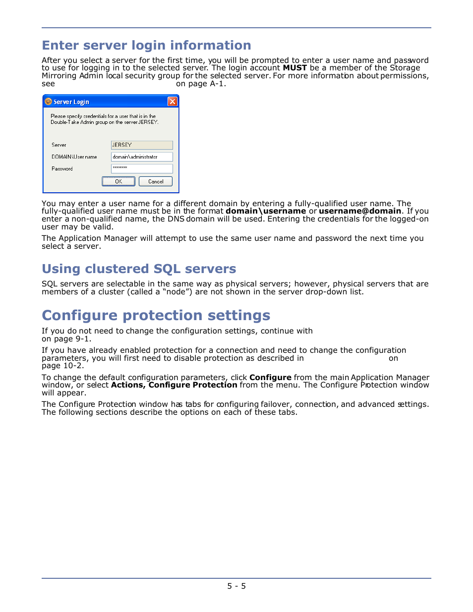 Enter server login information, Using clustered sql servers, Configure protection settings | Enter server login information -5, Using clustered sql servers -5, Configure protection settings -5 | HP Storage Mirroring V4.5 Software User Manual | Page 52 / 163