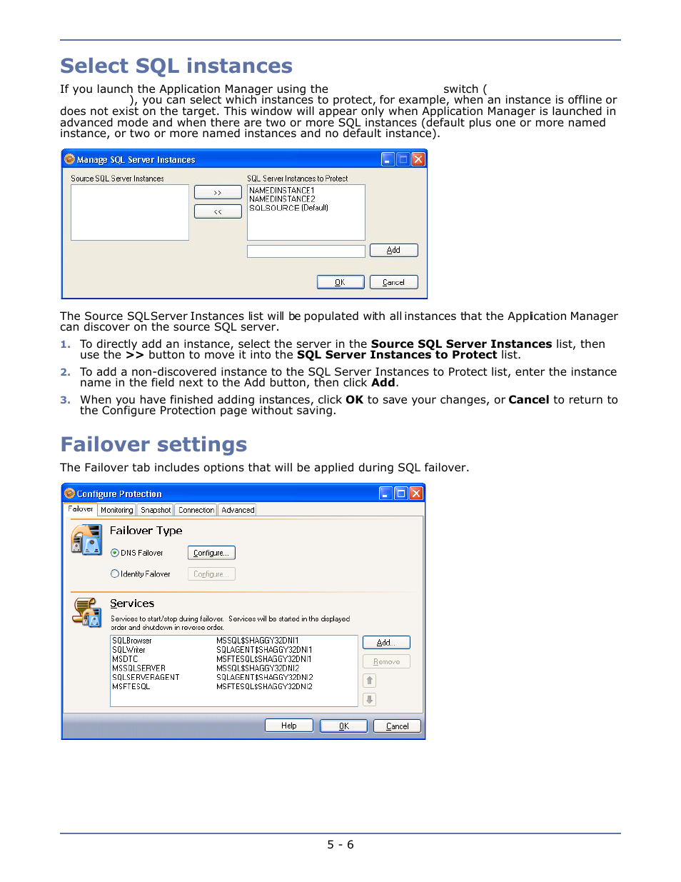Select sql instances, Failover settings, Select sql instances -6 failover settings -6 | HP Storage Mirroring V4.5 Software User Manual | Page 53 / 163