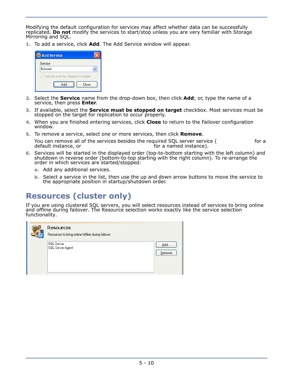 Resources (cluster only), Resources (cluster only) -10 | HP Storage Mirroring V4.5 Software User Manual | Page 57 / 163