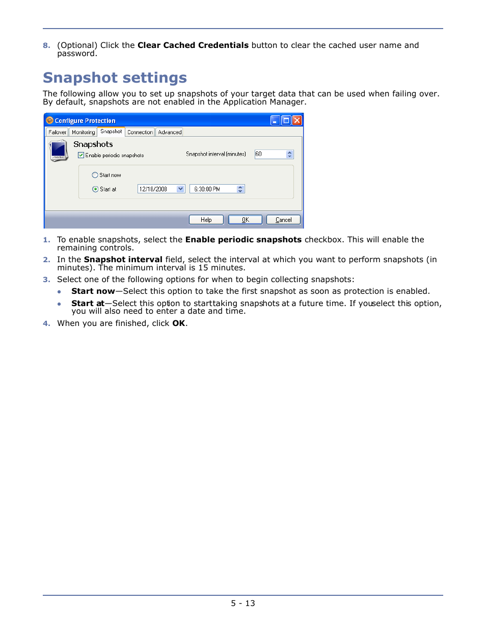 Snapshot settings, Snapshot settings -13 | HP Storage Mirroring V4.5 Software User Manual | Page 60 / 163
