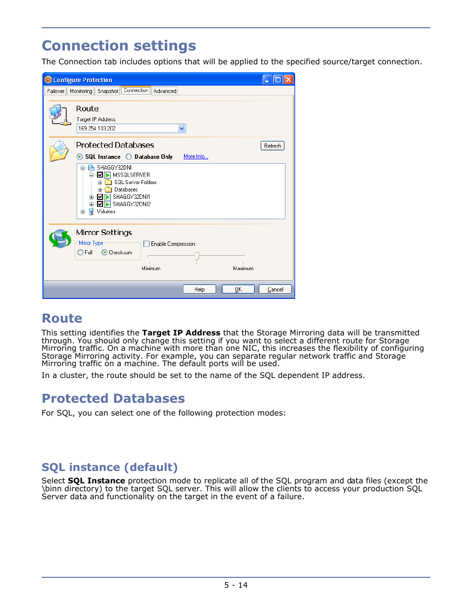 Connection settings, Route, Protected databases | Sql instance (default), Connection settings -14, Route -14, Protected databases -14 | HP Storage Mirroring V4.5 Software User Manual | Page 61 / 163