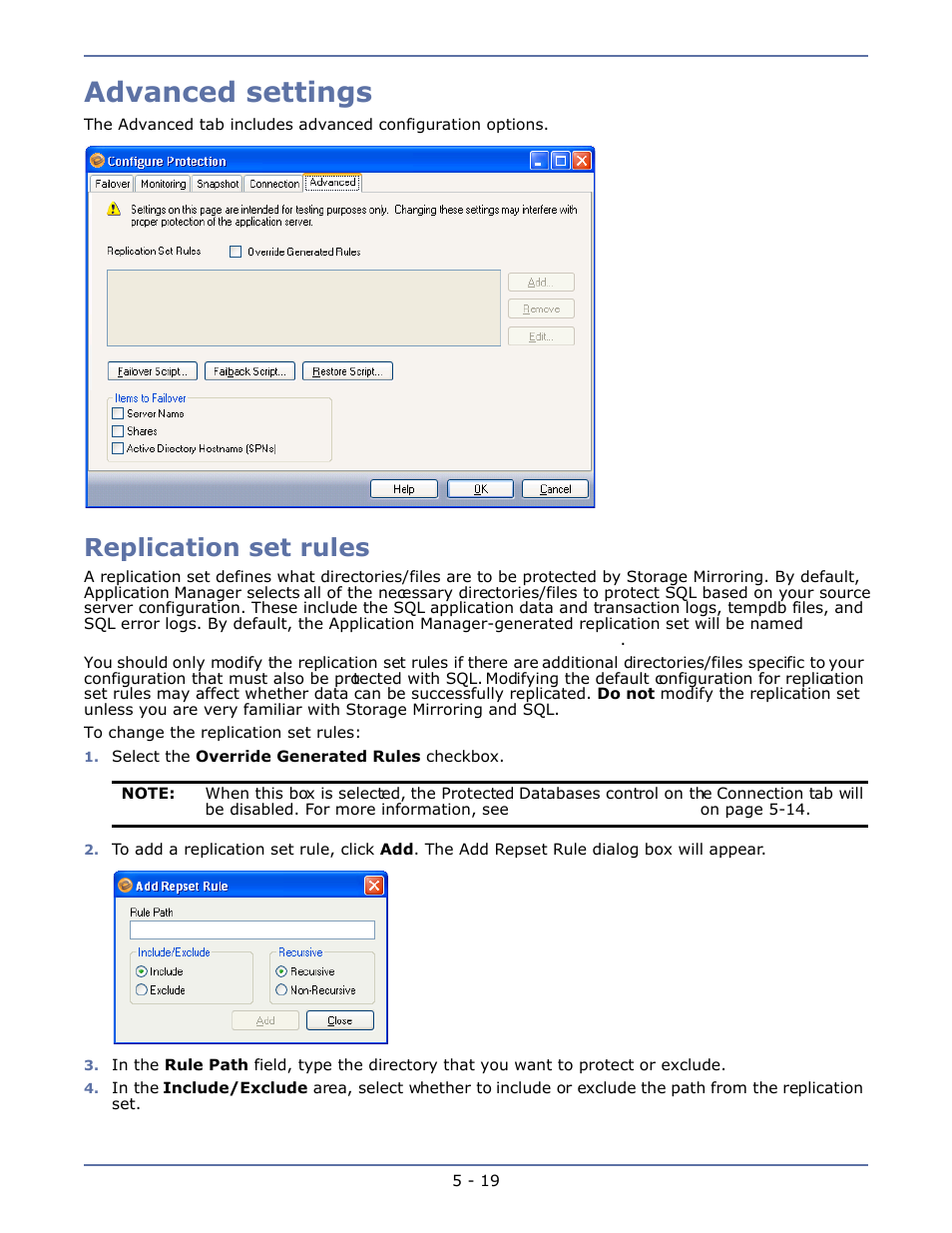 Advanced settings, Replication set rules, Advanced settings -19 | Replication set rules -19 | HP Storage Mirroring V4.5 Software User Manual | Page 66 / 163