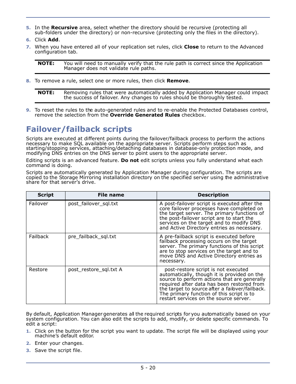 Failover/failback scripts, Failover/failback scripts -20 | HP Storage Mirroring V4.5 Software User Manual | Page 67 / 163