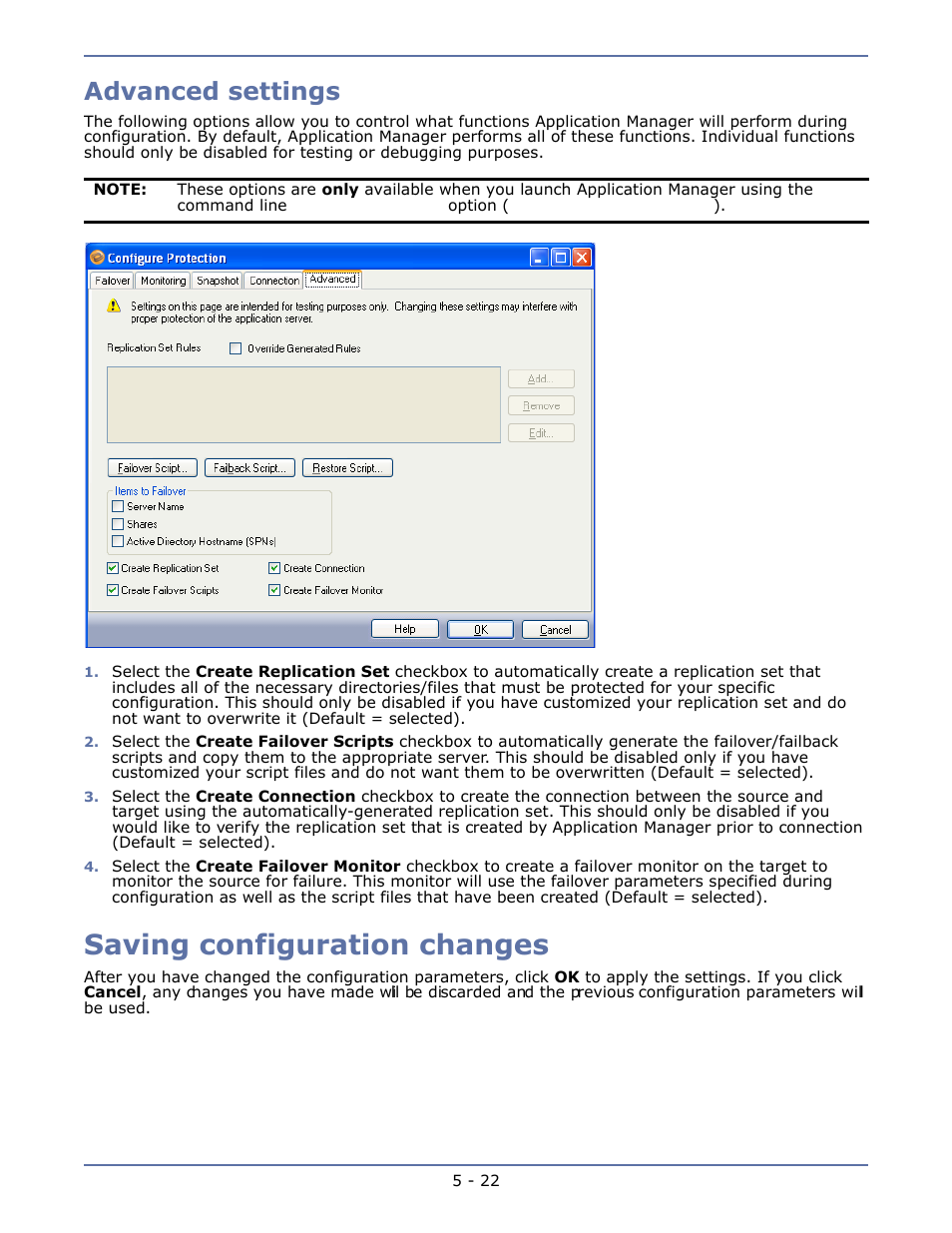 Advanced settings, Saving configuration changes, Advanced settings -22 | Saving configuration changes -22 | HP Storage Mirroring V4.5 Software User Manual | Page 69 / 163