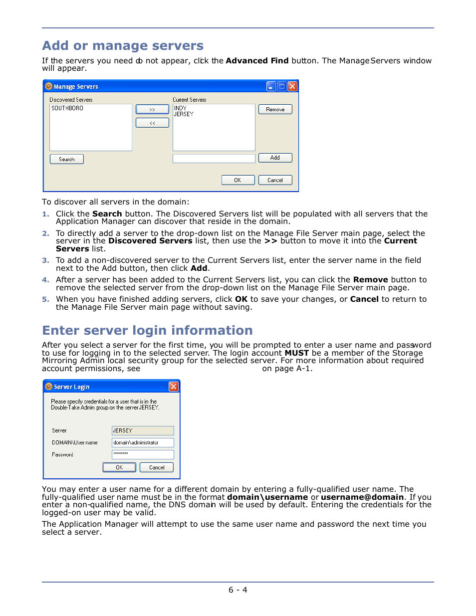 Add or manage servers, Enter server login information, Add or manage servers -4 | Enter server login information -4 | HP Storage Mirroring V4.5 Software User Manual | Page 74 / 163