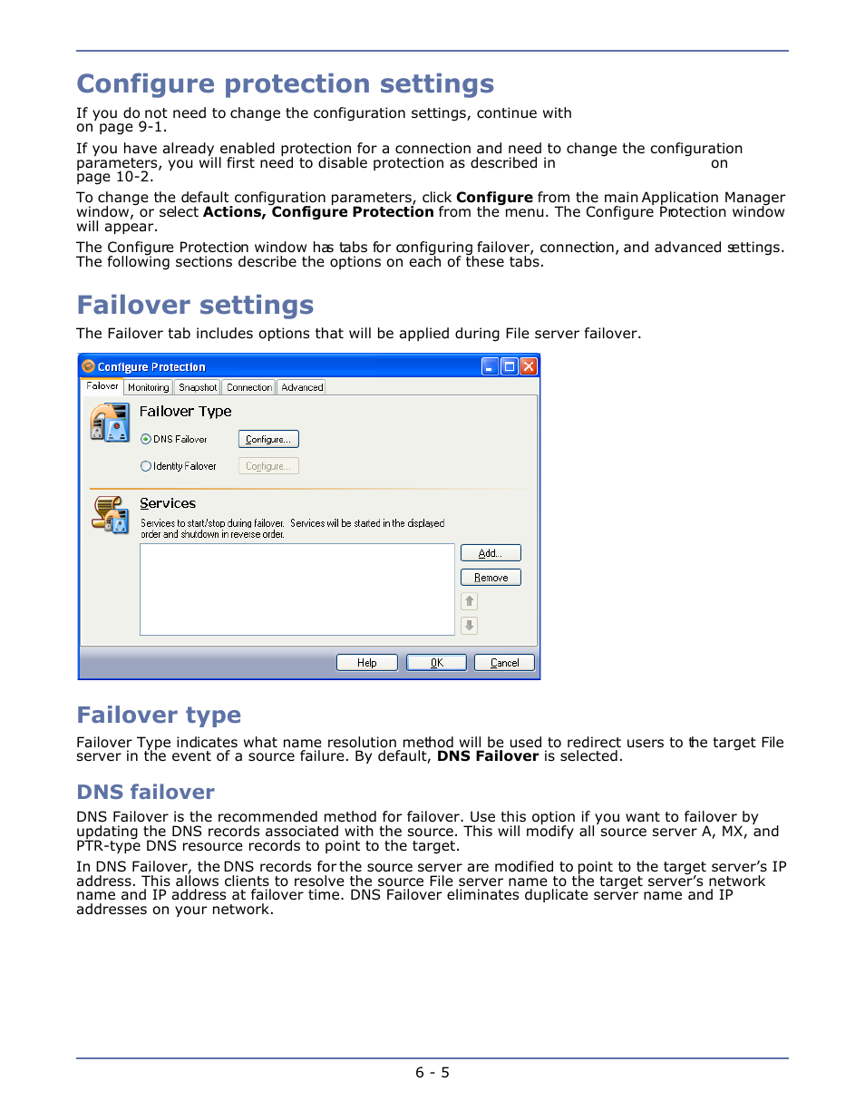 Configure protection settings, Failover settings, Failover type | Dns failover, Failover type -5 | HP Storage Mirroring V4.5 Software User Manual | Page 75 / 163