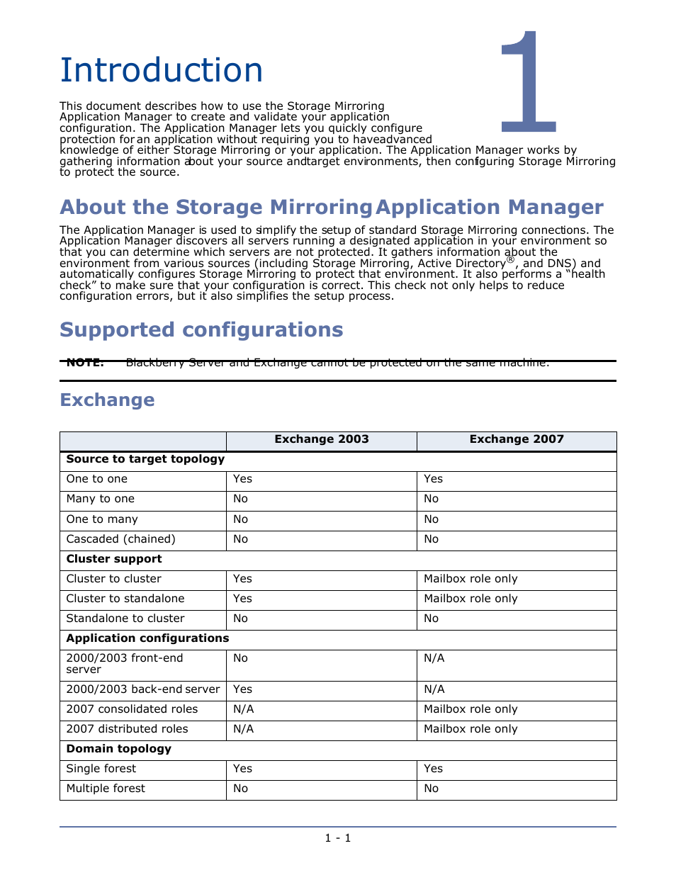 Introduction, About the storage mirroring® application manager, Supported configurations | Exchange, Chapter 1 introduction -1, Exchange -1, About the storage mirroring application manager | HP Storage Mirroring V4.5 Software User Manual | Page 8 / 163