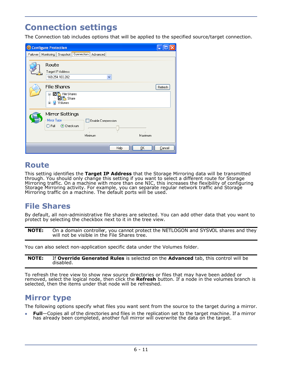 Connection settings, Route, File shares | Mirror type, Connection settings -11, Route -11, File shares -11, Mirror type -11 | HP Storage Mirroring V4.5 Software User Manual | Page 81 / 163