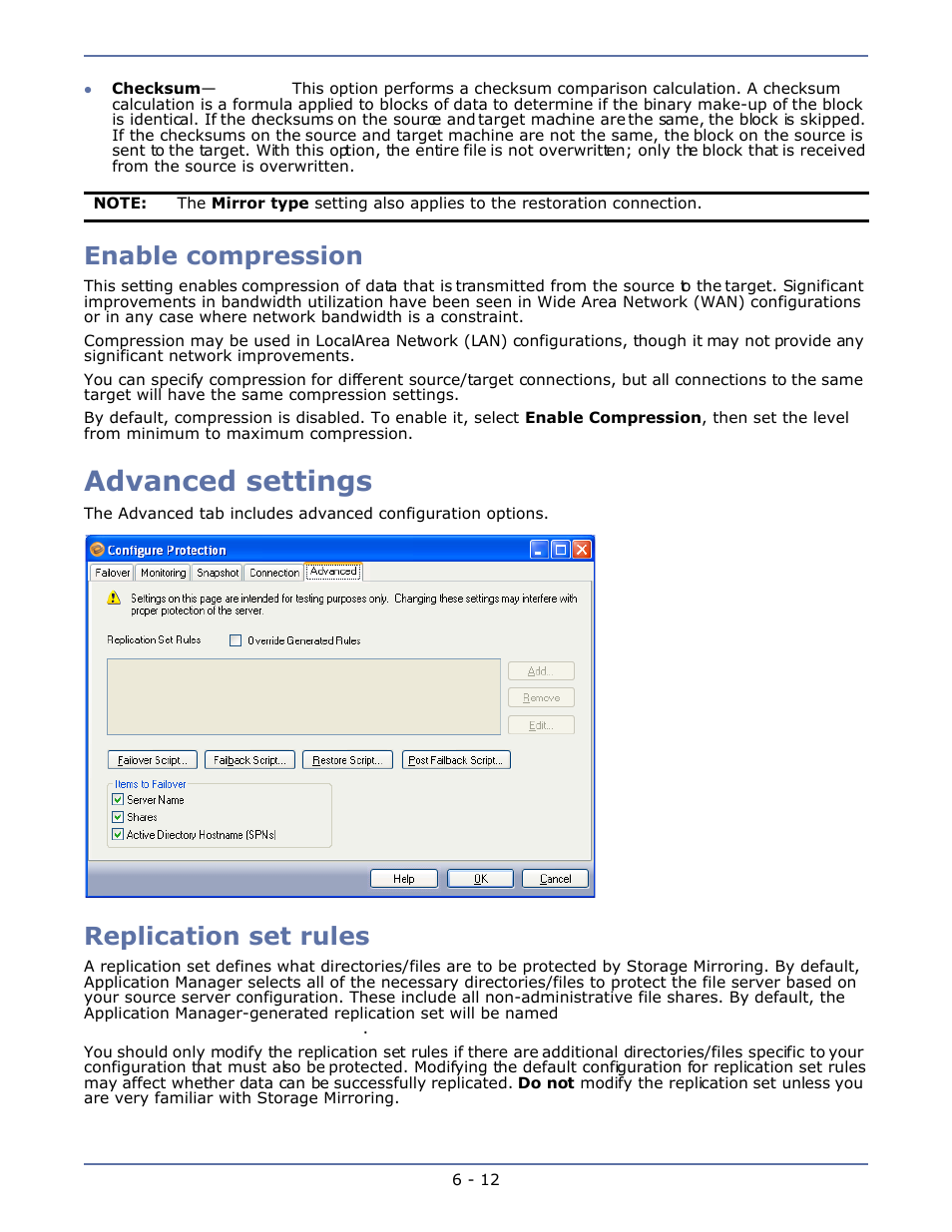 Enable compression, Advanced settings, Replication set rules | Enable compression -12, Advanced settings -12, Replication set rules -12 | HP Storage Mirroring V4.5 Software User Manual | Page 82 / 163