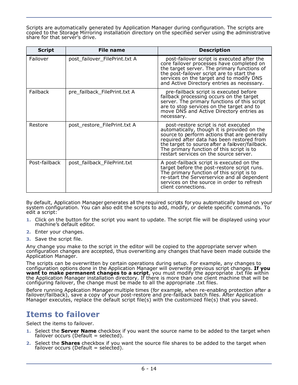 Items to failover, Items to failover -14 | HP Storage Mirroring V4.5 Software User Manual | Page 84 / 163