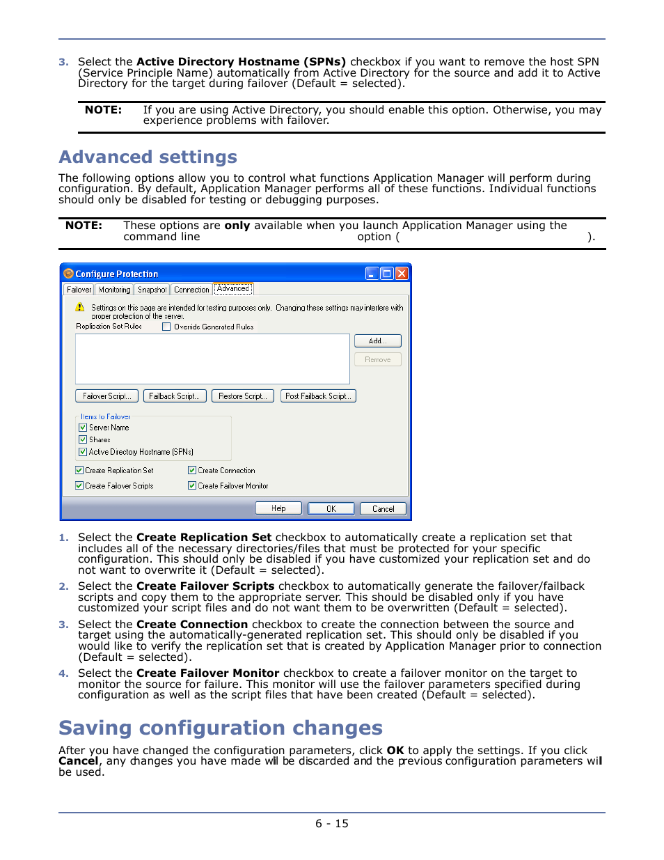 Advanced settings, Saving configuration changes, Advanced settings -15 | Saving configuration changes -15 | HP Storage Mirroring V4.5 Software User Manual | Page 85 / 163