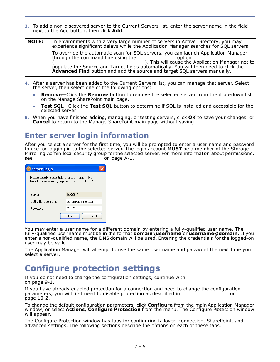 Enter server login information, Configure protection settings, Enter server login information -5 | Configure protection settings -5 | HP Storage Mirroring V4.5 Software User Manual | Page 91 / 163