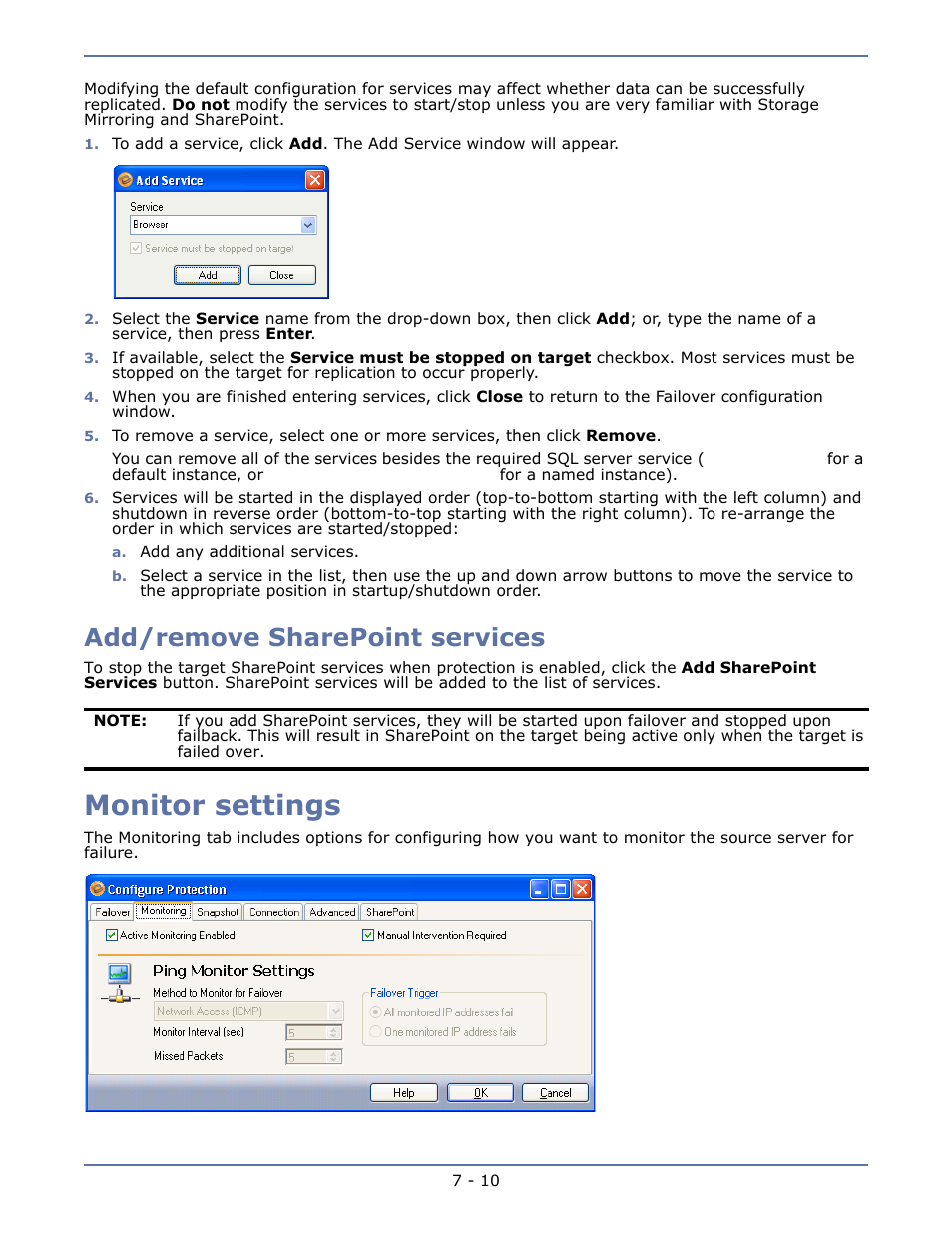 Add/remove sharepoint services, Monitor settings, Add/remove sharepoint services -10 | Monitor settings -10 | HP Storage Mirroring V4.5 Software User Manual | Page 96 / 163