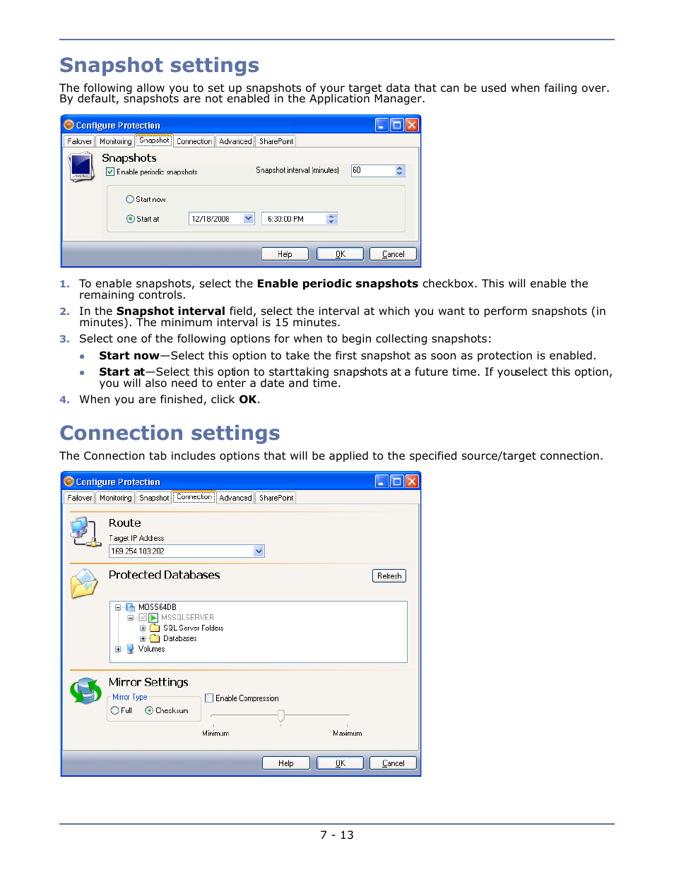 Snapshot settings, Connection settings, Snapshot settings -13 | Connection settings -13 | HP Storage Mirroring V4.5 Software User Manual | Page 99 / 163