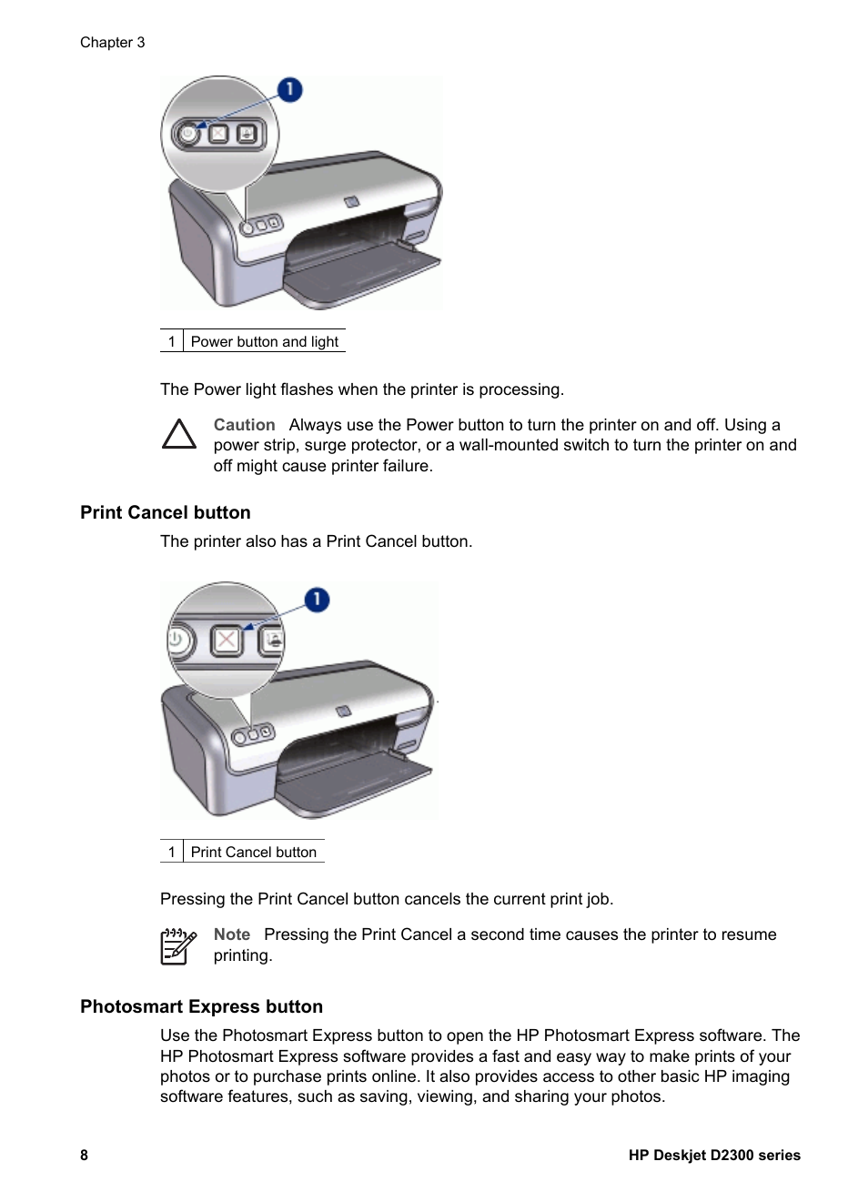 Print cancel button, Photosmart express button | HP Deskjet D2345 Printer User Manual | Page 10 / 88