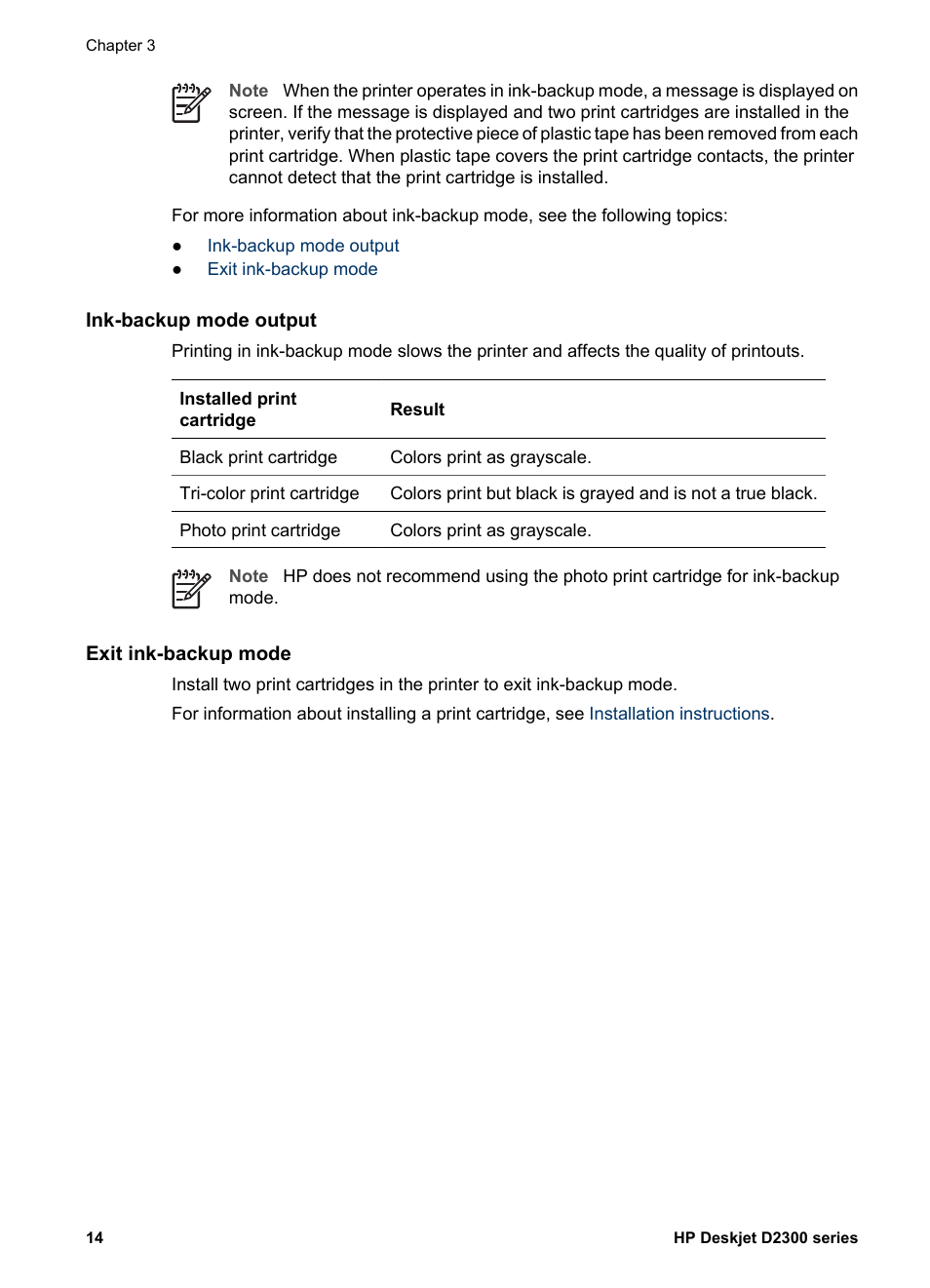 Ink-backup mode output, Exit ink-backup mode | HP Deskjet D2345 Printer User Manual | Page 16 / 88