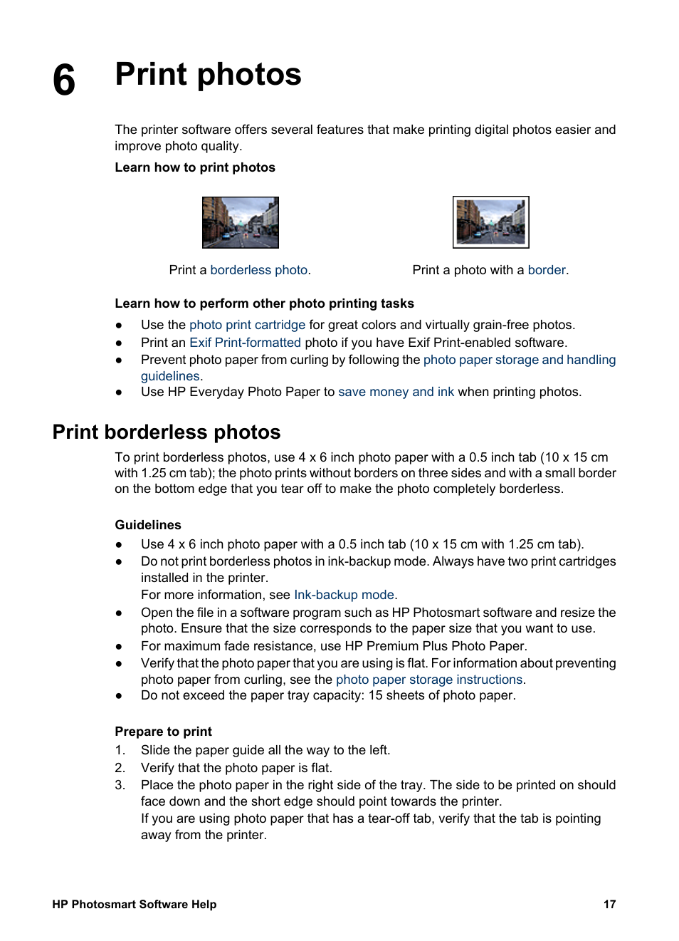 Print photos, Print borderless photos, Print photos print borderless photos | Borderless | HP Deskjet D2345 Printer User Manual | Page 19 / 88