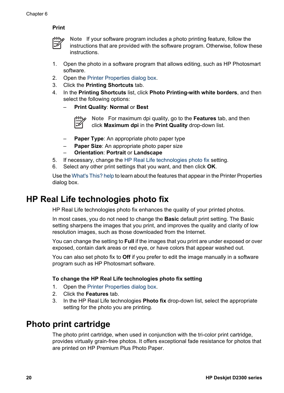 Hp real life technologies photo fix, Photo print cartridge | HP Deskjet D2345 Printer User Manual | Page 22 / 88