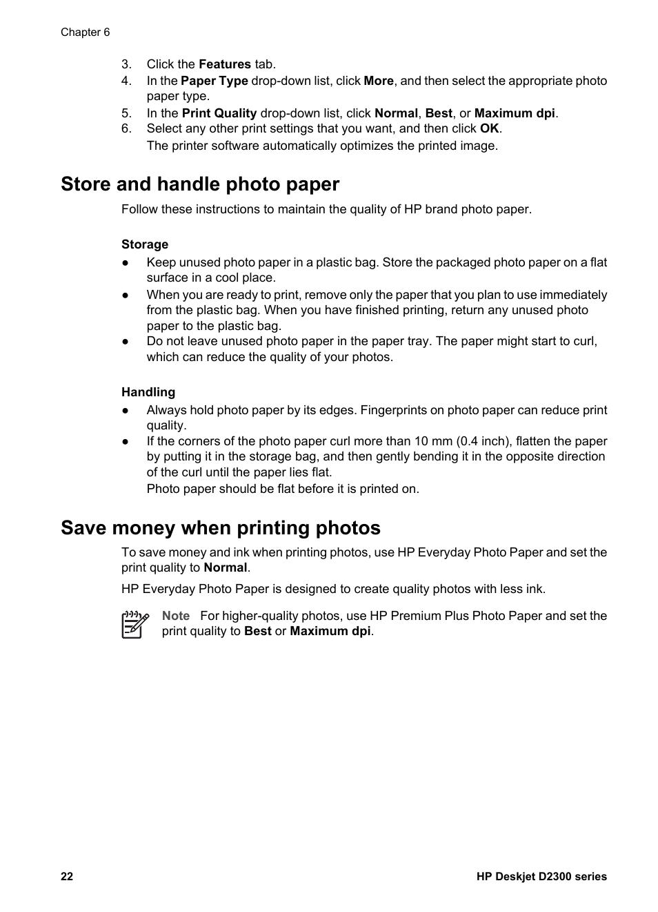 Store and handle photo paper, Save money when printing photos, Photo paper storage and handling | Guidelines, R to, Save money and ink, Photo paper storage instructions | HP Deskjet D2345 Printer User Manual | Page 24 / 88