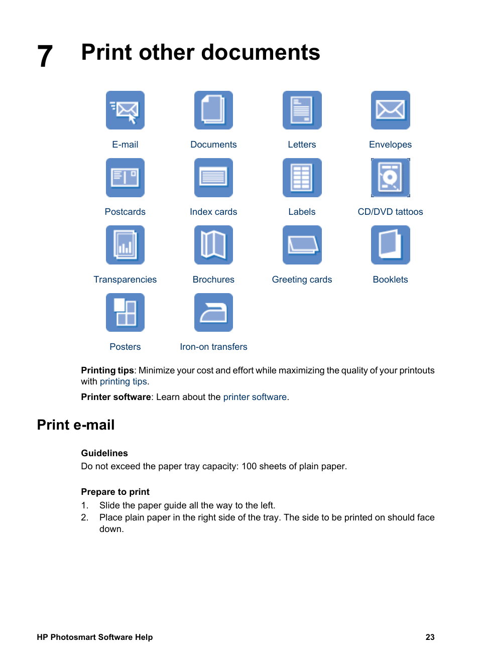 Print other documents, Print e-mail, Print other documents print e-mail | HP Deskjet D2345 Printer User Manual | Page 25 / 88