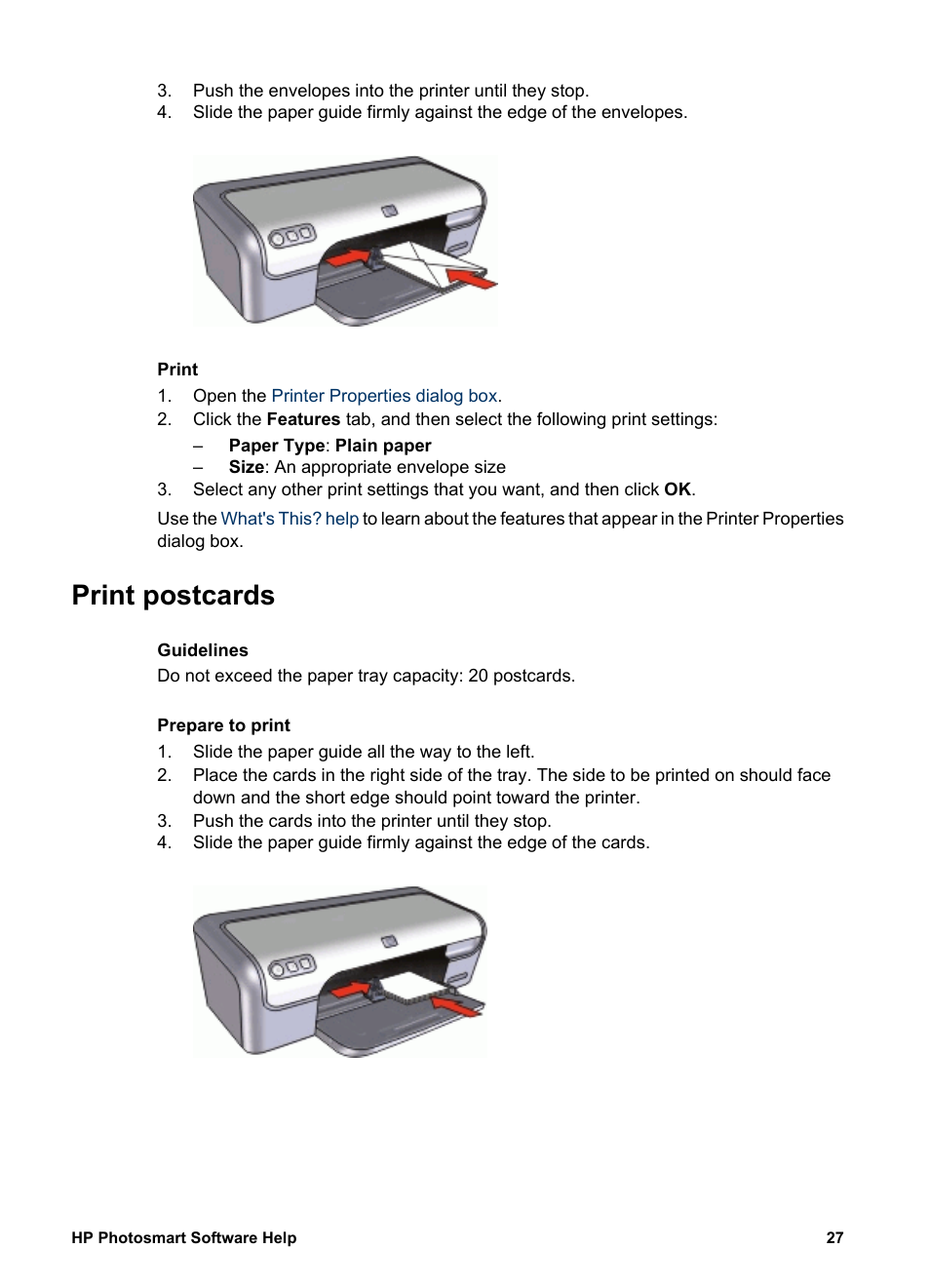 Print postcards, Postcards | HP Deskjet D2345 Printer User Manual | Page 29 / 88
