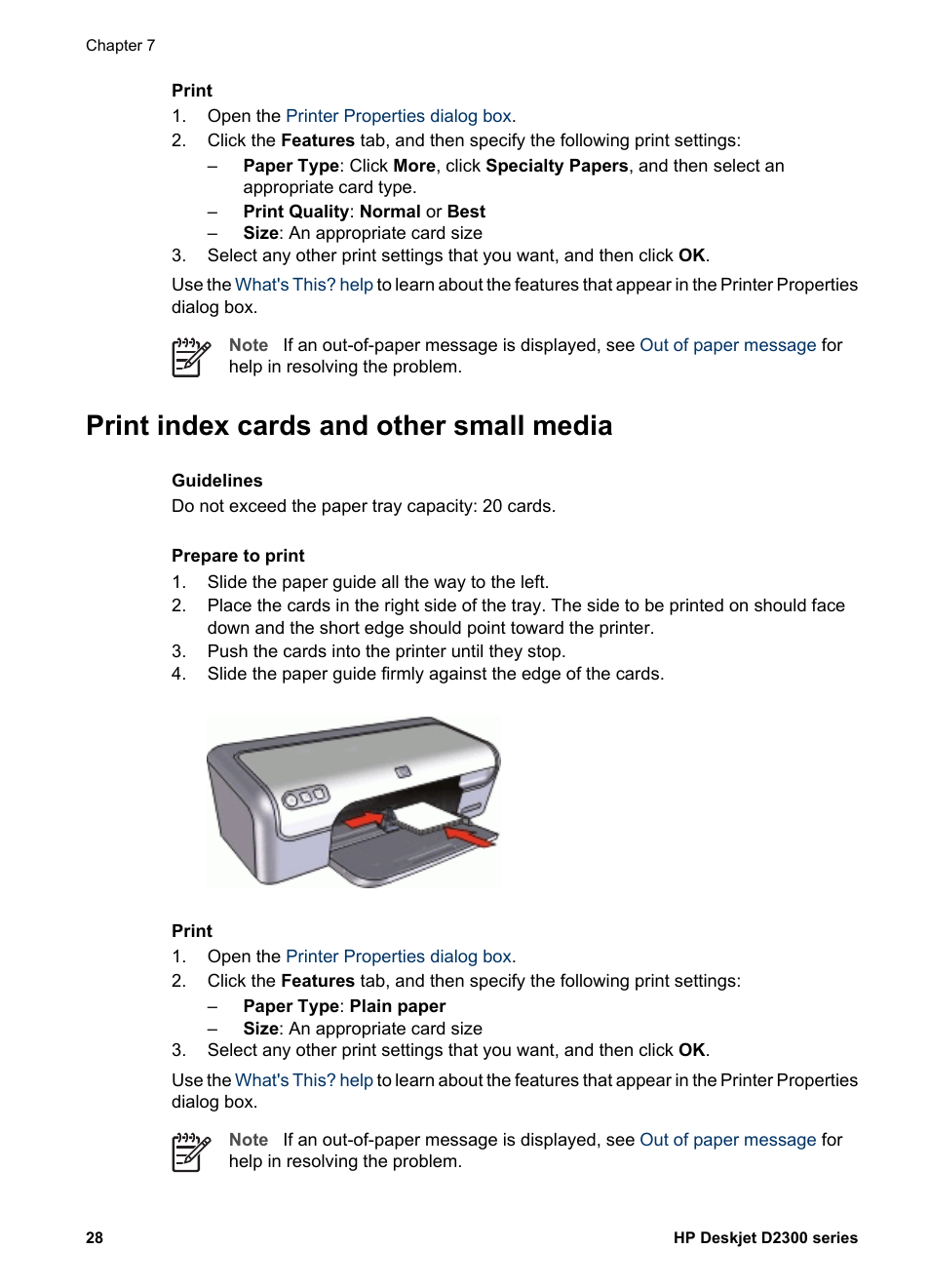 Print index cards and other small media, Index cards | HP Deskjet D2345 Printer User Manual | Page 30 / 88