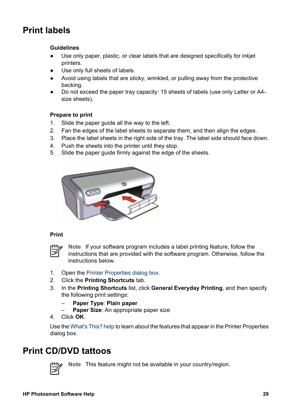 Print labels, Print cd/dvd tattoos, Print labels print cd/dvd tattoos | Labels, Cd/dvd tattoos | HP Deskjet D2345 Printer User Manual | Page 31 / 88