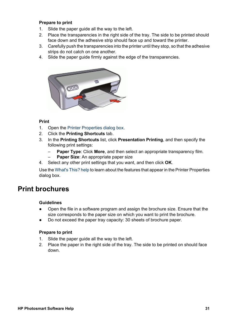 Print brochures, Brochures | HP Deskjet D2345 Printer User Manual | Page 33 / 88