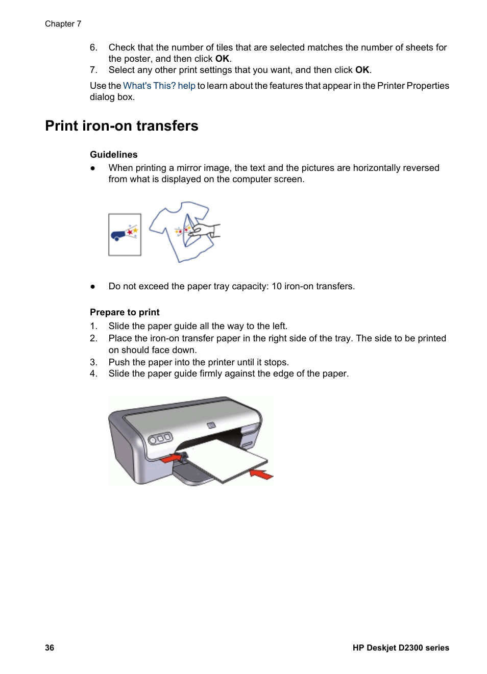 Print iron-on transfers, Iron-on transfers | HP Deskjet D2345 Printer User Manual | Page 38 / 88