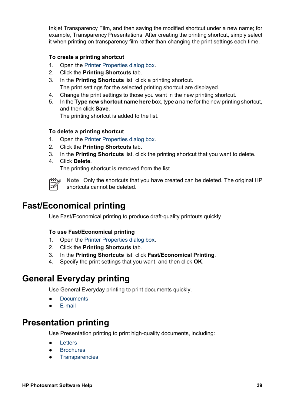 Fast/economical printing, General everyday printing, Presentation printing | HP Deskjet D2345 Printer User Manual | Page 41 / 88