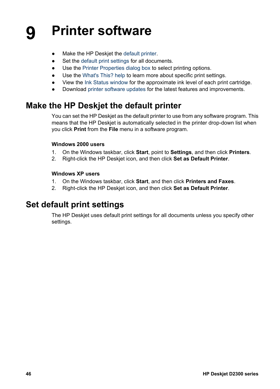 Printer software, Make the hp deskjet the default printer, Set default print settings | HP Deskjet D2345 Printer User Manual | Page 48 / 88
