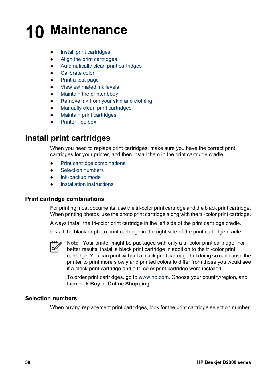Maintenance, Install print cartridges, Print cartridge combinations | Selection numbers, 10 maintenance | HP Deskjet D2345 Printer User Manual | Page 52 / 88