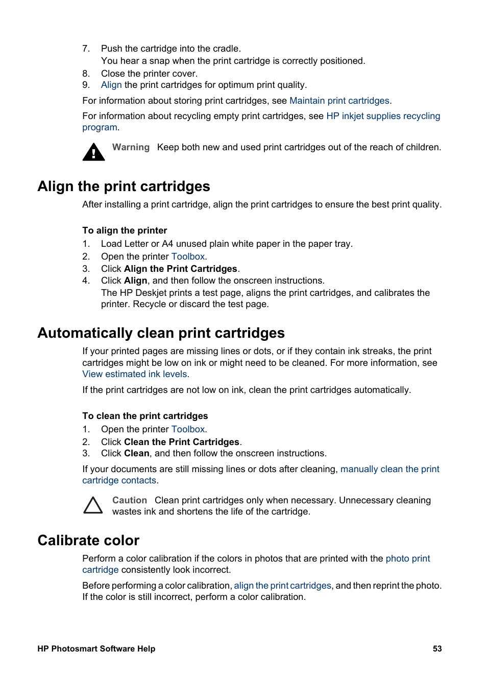 Align the print cartridges, Automatically clean print cartridges, Calibrate color | HP Deskjet D2345 Printer User Manual | Page 55 / 88