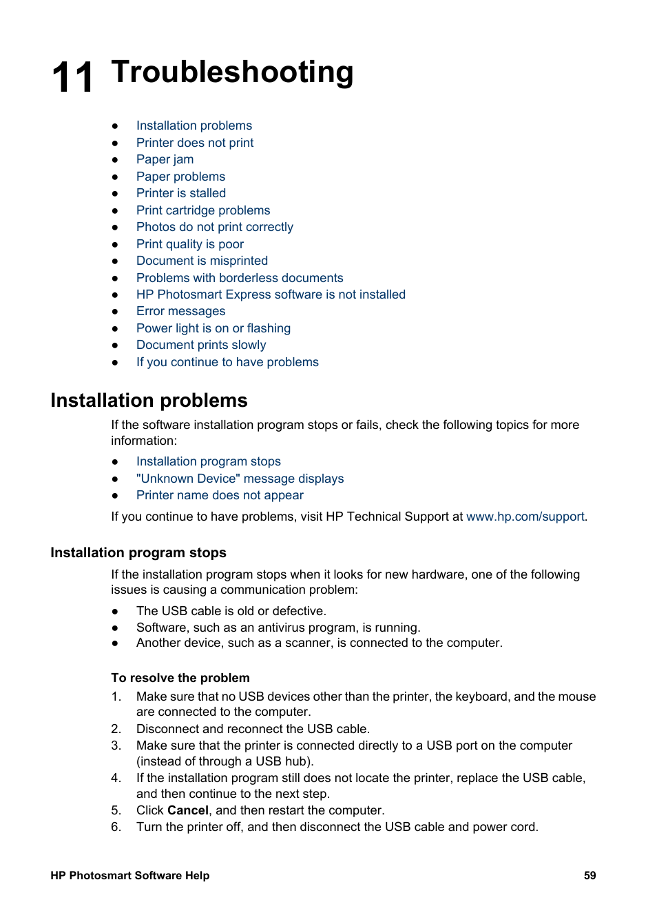 Troubleshooting, Installation problems, Installation program stops | 11 troubleshooting | HP Deskjet D2345 Printer User Manual | Page 61 / 88