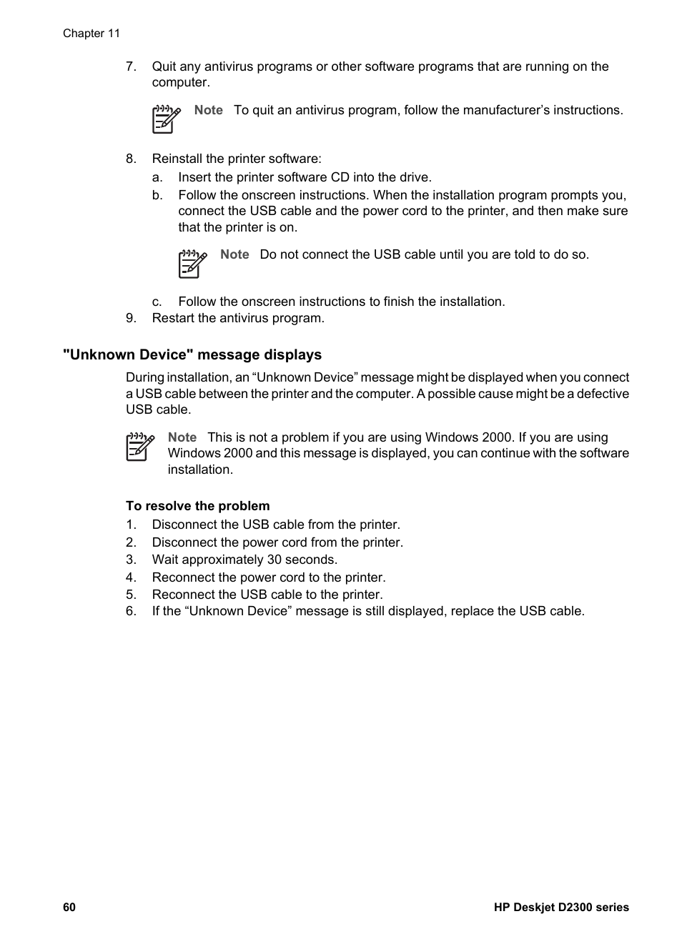Unknown device" message displays | HP Deskjet D2345 Printer User Manual | Page 62 / 88