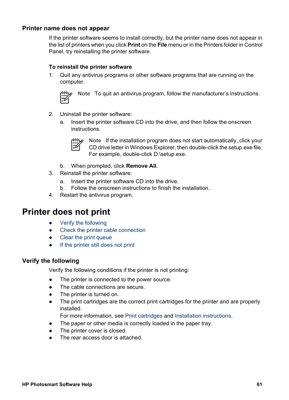 Printer name does not appear, Printer does not print, Verify the following | HP Deskjet D2345 Printer User Manual | Page 63 / 88