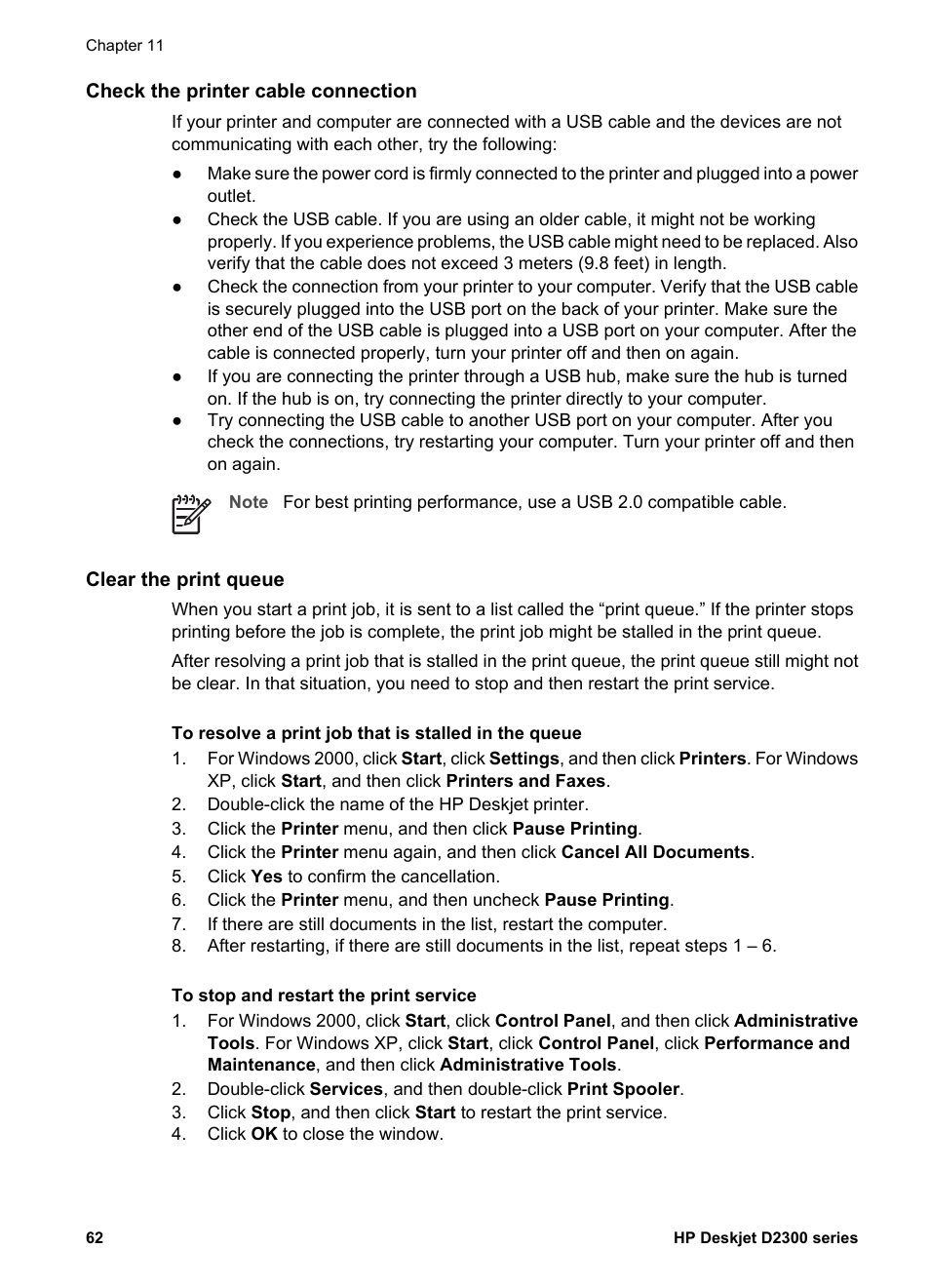 Check the printer cable connection, Clear the print queue | HP Deskjet D2345 Printer User Manual | Page 64 / 88
