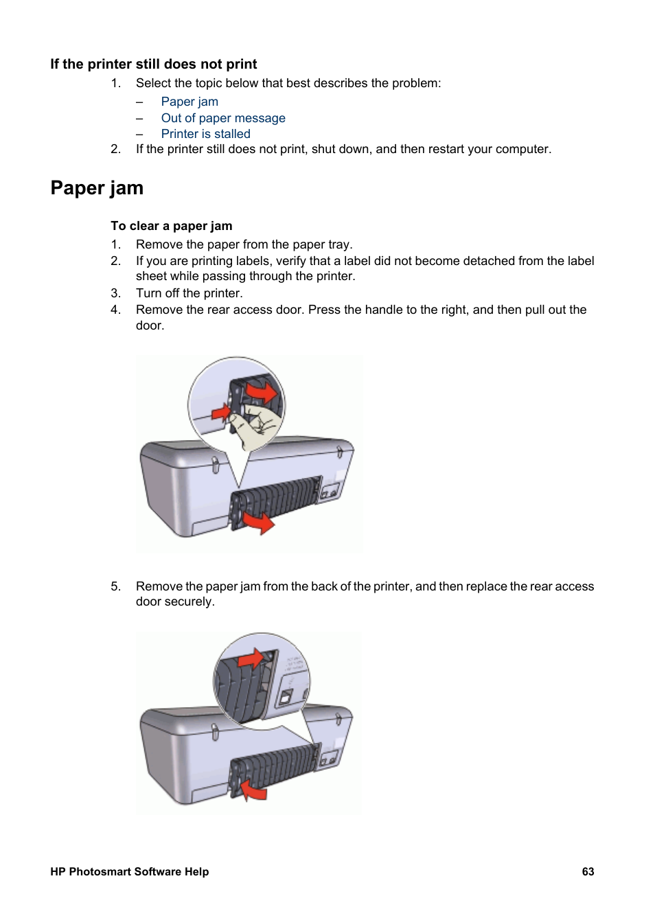 If the printer still does not print, Paper jam | HP Deskjet D2345 Printer User Manual | Page 65 / 88