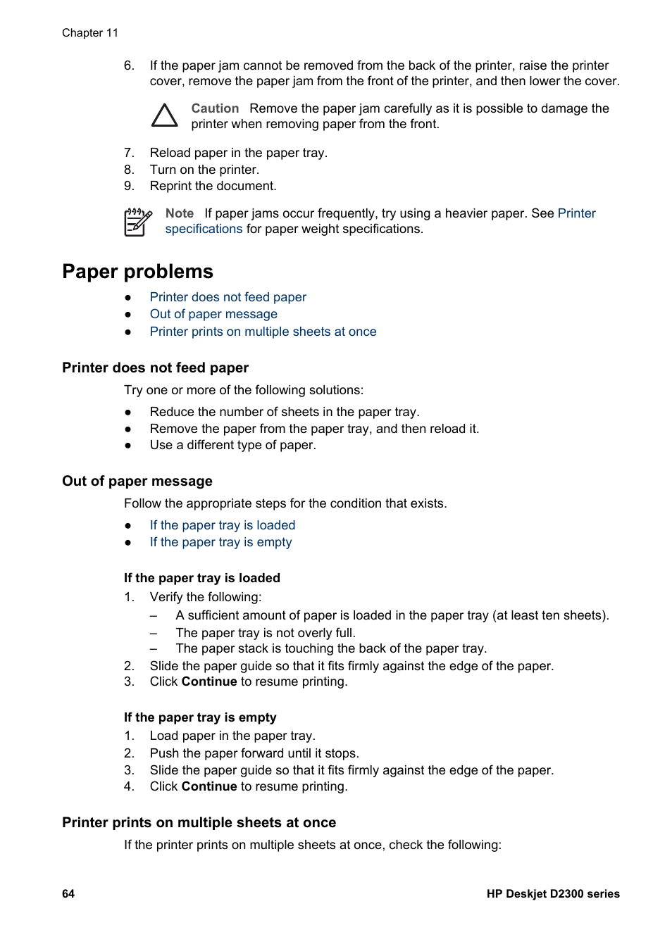 Paper problems, Printer does not feed paper, Out of paper message | Printer prints on multiple sheets at once | HP Deskjet D2345 Printer User Manual | Page 66 / 88