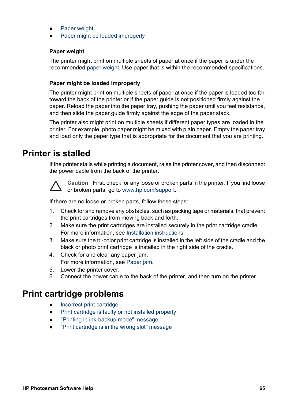 Printer is stalled, Print cartridge problems, Printer is stalled print cartridge problems | HP Deskjet D2345 Printer User Manual | Page 67 / 88