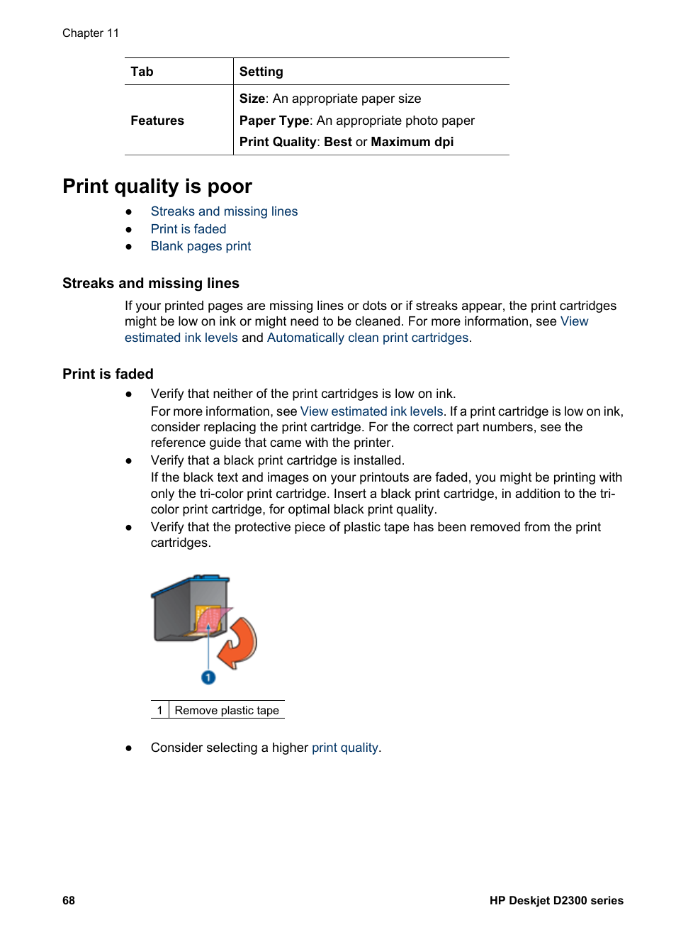 Print quality is poor, Streaks and missing lines, Print is faded | HP Deskjet D2345 Printer User Manual | Page 70 / 88