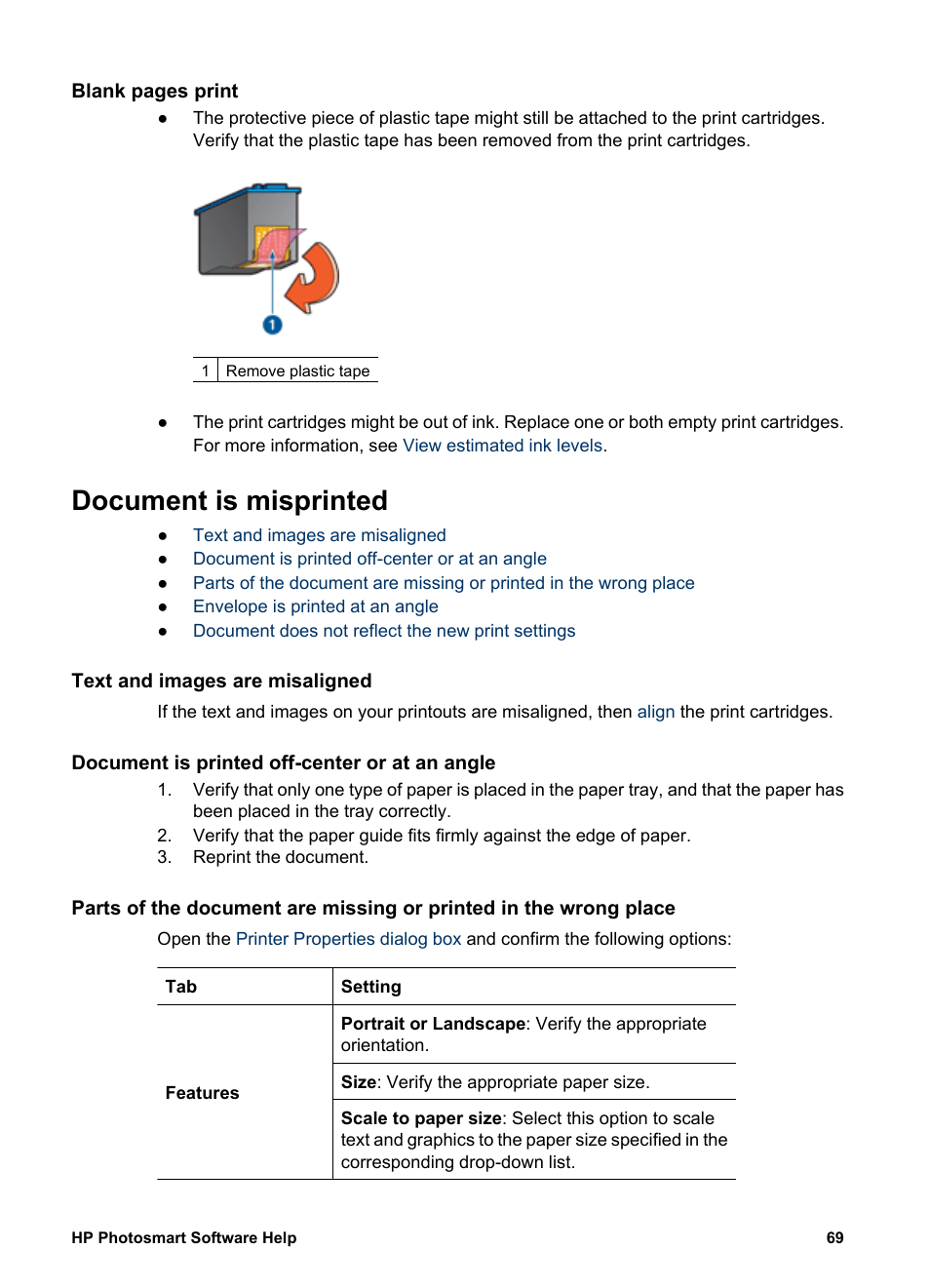 Document is misprinted, Text and images are misaligned, Document is printed off-center or at an angle | HP Deskjet D2345 Printer User Manual | Page 71 / 88