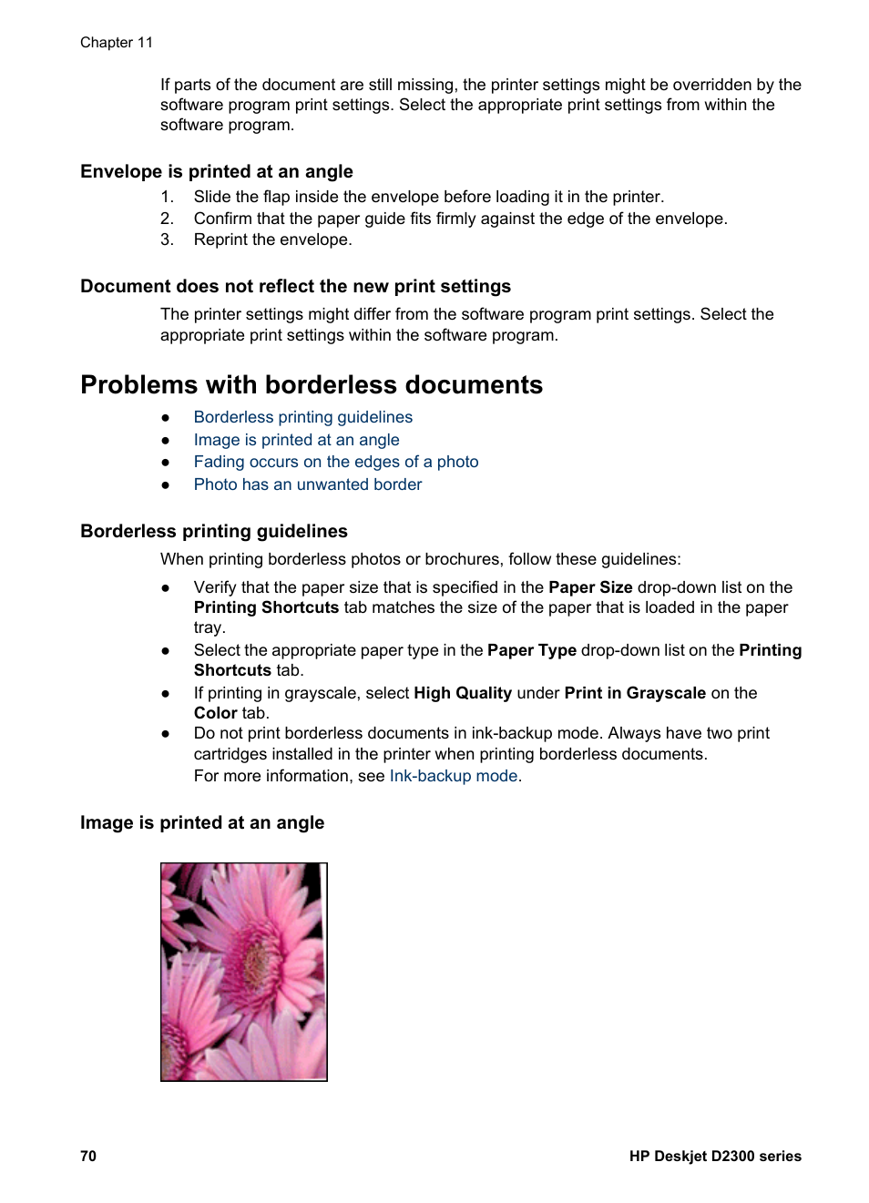 Envelope is printed at an angle, Document does not reflect the new print settings, Problems with borderless documents | Borderless printing guidelines, Image is printed at an angle | HP Deskjet D2345 Printer User Manual | Page 72 / 88