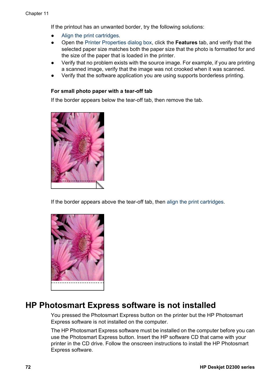 For small photo paper with a tear-off tab, Hp photosmart express software is not installed | HP Deskjet D2345 Printer User Manual | Page 74 / 88